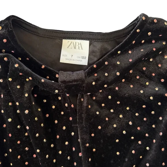 Zara | Kids Black Velvet Metallic Multicolor Dots. Long Sleeve Dress  -Size 7 - Picture 4 of 11